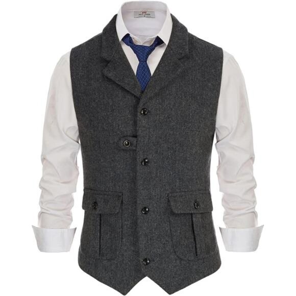 Mens Herringbone Suit Vest Slim Fit Black - Picture 1 of 6